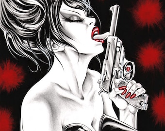 Original Nik Guerra art illustration / Magenta - Lick / Mixed Media drawing sexy cartoon pin up gun black white red erotic diva comics