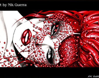 Original Nik Guerra art illustration / Magenta / Mixed Media /  super sexy cartoon pin up black white red erotic diva comics