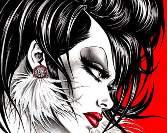 Original Nik Guerra art illustration / Magenta / Mixed Media /  super sexy cartoon pin up black white red erotic diva comics