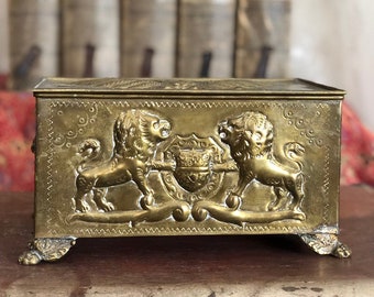 Antique German Brass Repoussé Humidor / Man Cave Decor / Arts and Crafts Furniture / Home Decor