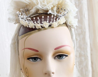 Antique Wax Flower Wedding Tiara / Tiaras and Wreaths / Bridal Crown / Rhinestones / Hair Accessories