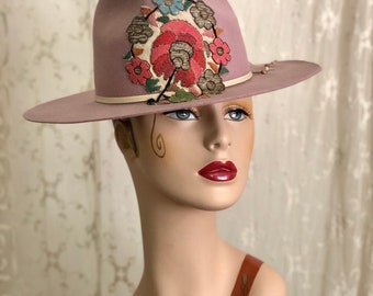 Fabulous Soft Pink Cowboy Hat / Felt Hat / Antique Embellishment / Western Hat / Size 22 3/4"