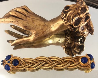 De Lillo Slinky Snake Chain Bracelet /Braided / Gold Plated Domed Cut Stones / Cobalt Gems / Cabochon Bracelet