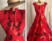 Vintage 1950s Floral Sundress with Matching Bolero Pin Up Rockabilly 50s Hawaiian Dress Size L