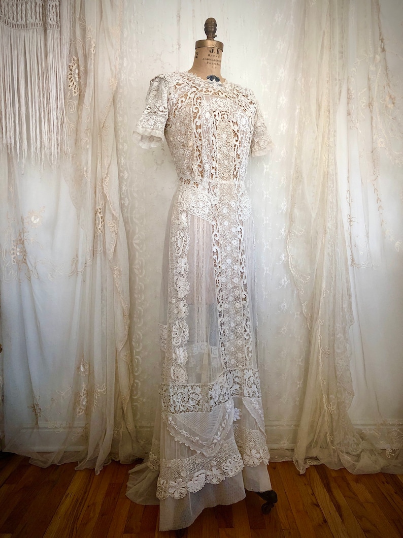 Antique Irish Lace and Silk Net Wedding Dress / Vintage Bridal | Etsy