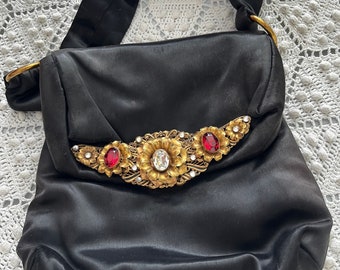 Vintage Black Satin Purse / Rhinestone Embellishment Closure / Evening Bag / Art Deco