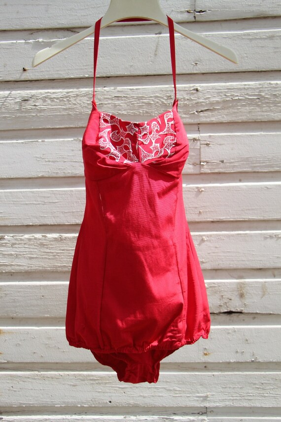 Vintage 1950s Swimwear / Candy Apple Red / Pinup /