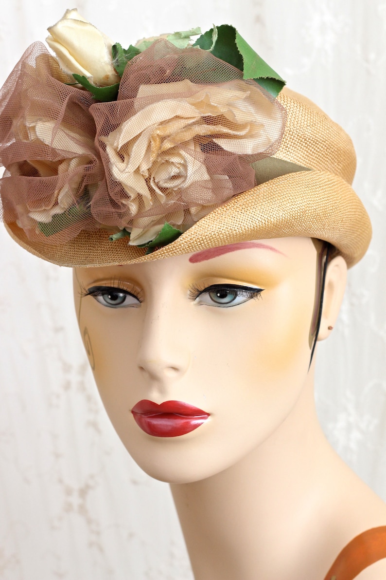 Antique Straw Hat / Fascinator and Mini Hat / Silk Roses / Etsy
