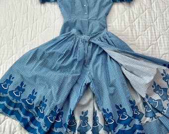 Vintage 1950s Play Suit / Novelty Print / Blue and White Checkered Rockabilly / Lucy Dress  / Size S/M