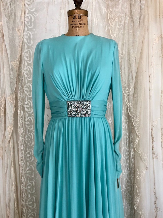 Medium 1970s Gray Silk Column Dress with Feather Trim