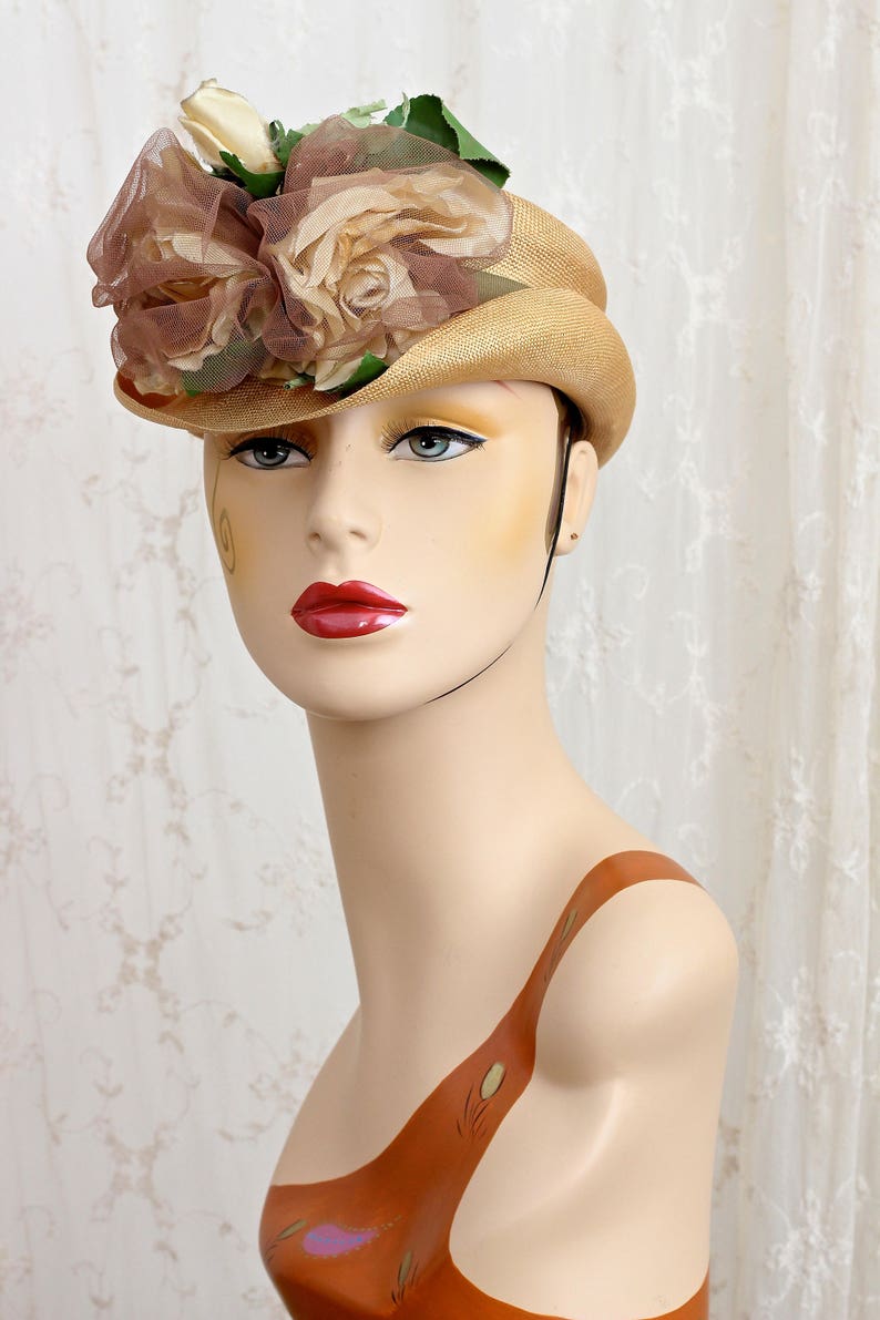 Antique Straw Hat / Fascinator and Mini Hat / Silk Roses / Etsy