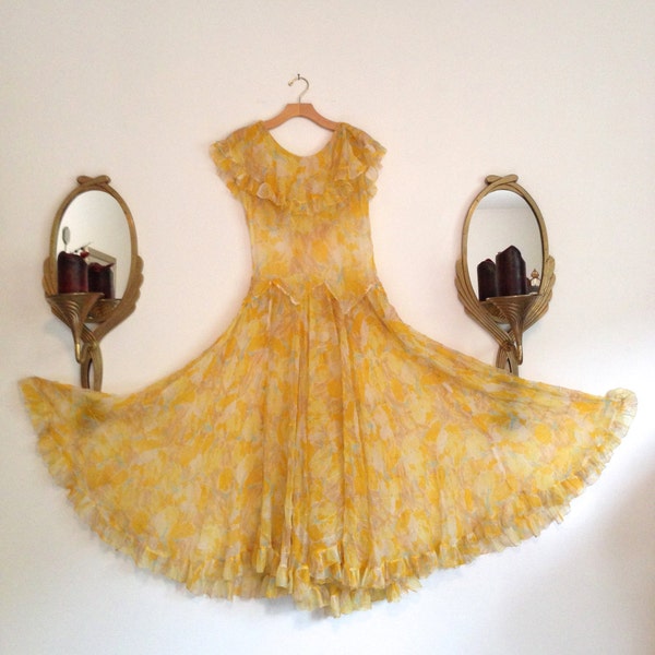 Vintage 1930s Yellow Silk Chiffon Dress  / Tiered Ruffle Full Circle Skirt Tea Dress / Floral Day Dress  / S