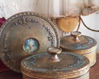 Antique Apollo 3-Piece Vanity Set / Beveled Mirror / Lined Keepsake Box / Gold Gilt / Guilloche / Exquisite Detail 1909-1922