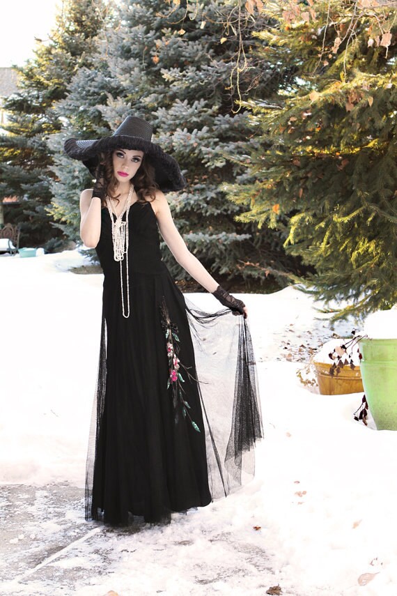Vintage 1930's Dress / Black / Halter Dress / Sequ