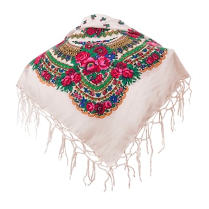WHITE shawl scarf with flower patterns and fringes POLISH folk fashion SLAVIC colors