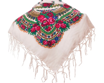 WHITE shawl scarf with flower patterns and fringes POLISH folk fashion SLAVIC colors