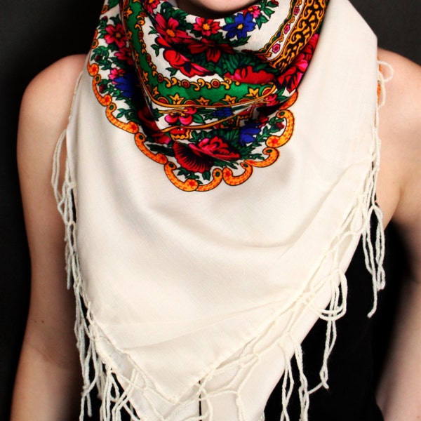 BIG size shawl scarf in 13 colors with flower patterns and fringes Kokum folk fashion Ukrainian