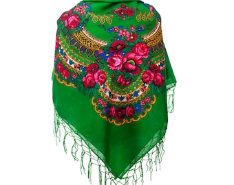 GRAND châle vert avec motifs floraux et franges mode folklorique POLONAISE couleurs SLAVE
