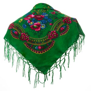 GRÜN Schal Dreieckstuch mit Blume und Fransen SLAVIC Folk