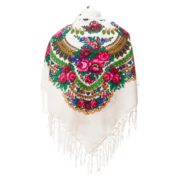 White BIG shawl scarf with flower patterns and fringes POLISH folk fashion SLAVIC colors