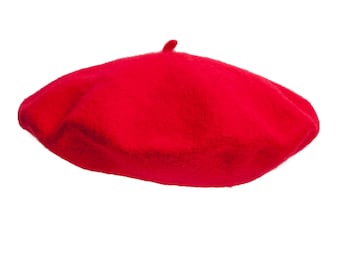 CORAL RED BERET with cabillou bright 100% wool French style