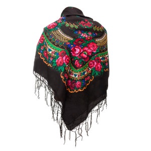 GRANDE écharpe noire à motifs floraux et à franges, mode folklorique polonaise couleurs slaves image 1