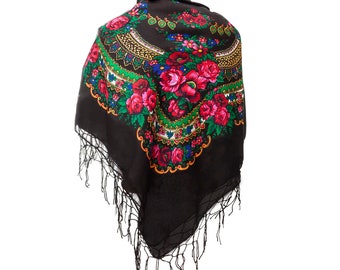 Black BIG shawl scarf with flower patterns and fringes POLISH folk fashion SLAVIC colors