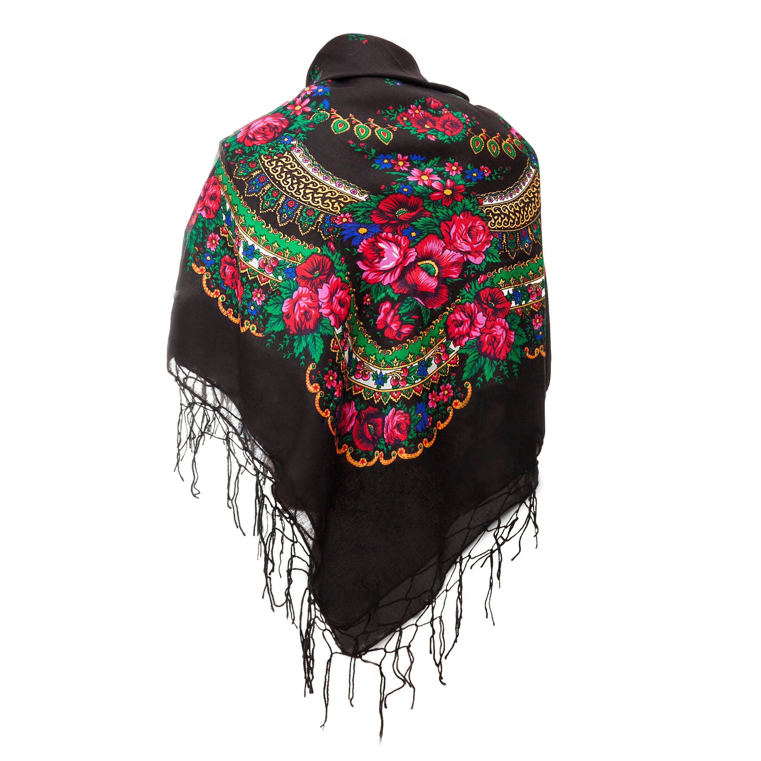 Black BIG Scarf Shawl With Flower and Fringes SLAVIC Folk - Etsy