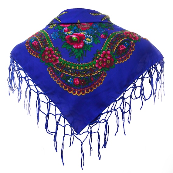 Grand Foulard Bleu à Pois Avec Franges – 60x170 Cm – Soie Artificielle – Neuf
