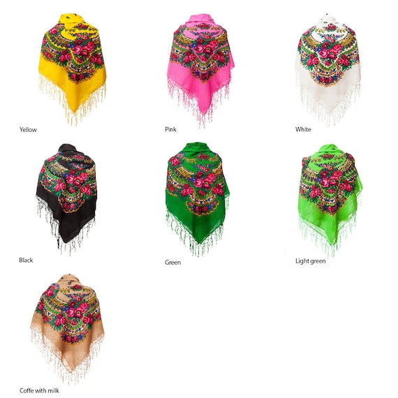 BIG Scarf Shawl With Flower and Fringes SLAVIC Folk 16 Colors - Etsy