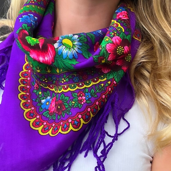 Beautiful scarf shawl with flower and fringes SLAVIC folk 15 colors