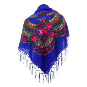 Royal blue BIG scarf shawl with flower and fringes SLAVIC folk