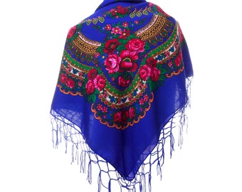 Royal blue BIG shawl scarf with flower patterns and fringes POLISH folk fashion SLAVIC colors