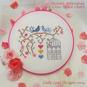 Love Birdies Kreuzstichvorlage PDF - Instant Download - Valentines Cross Stitch Chart - Birdcage