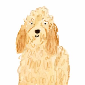 May include: A watercolour illustration of a golden doodle dog. The dog has a fluffy, curly coat in shades of tan and cream. It has dark eyes and a black nose. The dog is standing on four legs with black paws, against a white background.