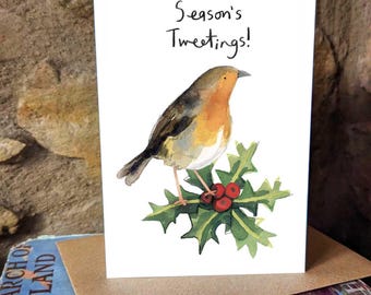 Tweets de la saison ! Carte de Noël Robin Redbreast et Holly