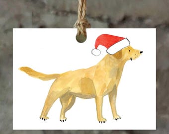Confezione da 3 etichette regalo natalizie artigianali con Labrador giallo.