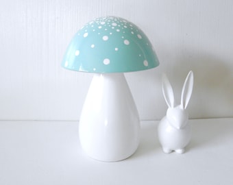 Trippy Toadstool - Wooden Mushroom - White Stem / Baby Blue with Starburst