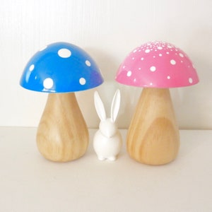 Trippy Toadstool Wooden Mushroom Wood Stem / Sky Blue with White dots image 3