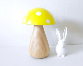 Trippy Toadstool - Wooden Mushroom - Wood Stem / Yellow with White dots