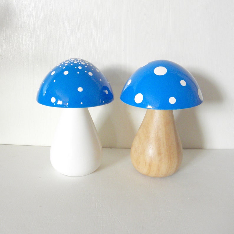 Trippy Toadstool Wooden Mushroom Wood Stem / Sky Blue with White dots image 5