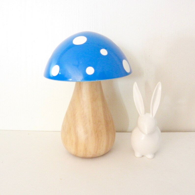 Trippy Toadstool Wooden Mushroom Wood Stem / Sky Blue with White dots image 1