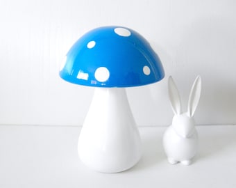 Trippy Toadstool - Wooden Mushroom - White Stem / Sky Blue with White dots