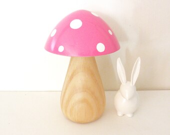 Trippy Toadstool - Wooden Mushroom - Wood Stem / Pink with White dots