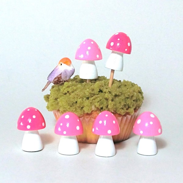 Wooden Cupcake Topper - Pink Ombre Mini Mushrooms / Toadstools - set of 6