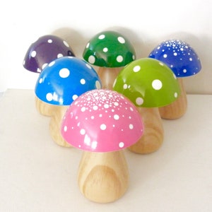 Trippy Toadstool Wooden Mushroom Wood Stem / Sky Blue with White dots image 4