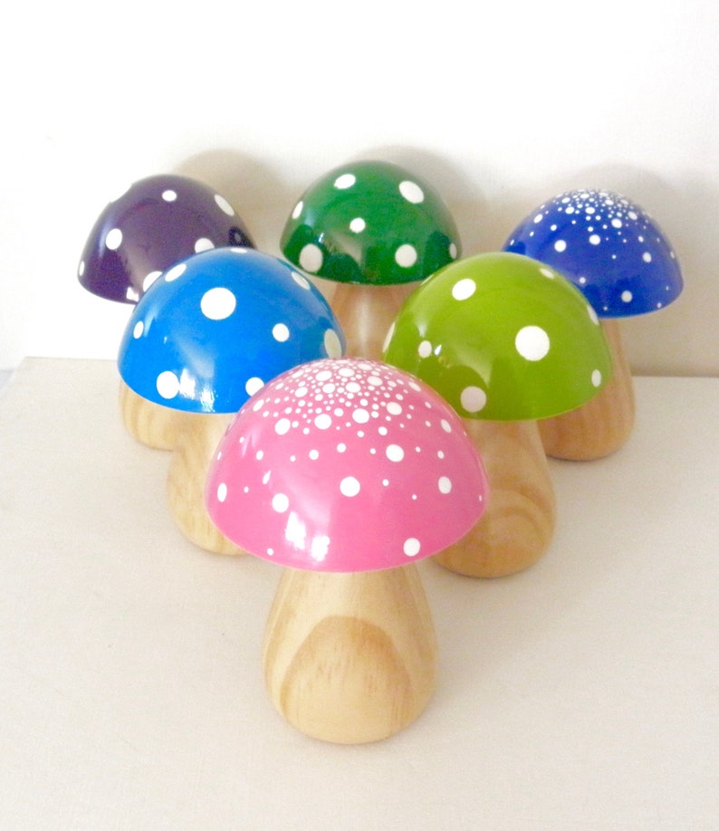 Trippy Toadstool Wooden Mushroom Wood Stem / Sky Blue with White dots image 4