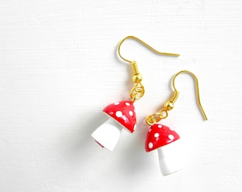 Small Simple Wooden Mushroom / Toadstool Earrings - White stem - Choose your color