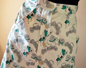 RARE 60s car printed white green long skirt/ high waisted skirt womens S size cotton three quarter A line skirt old car printed/ retro skirt