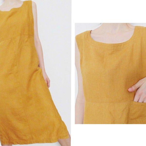SALE Mustard large zip back cute dress yellow autumn dress size M L mustard maxi dress vintage linen dress